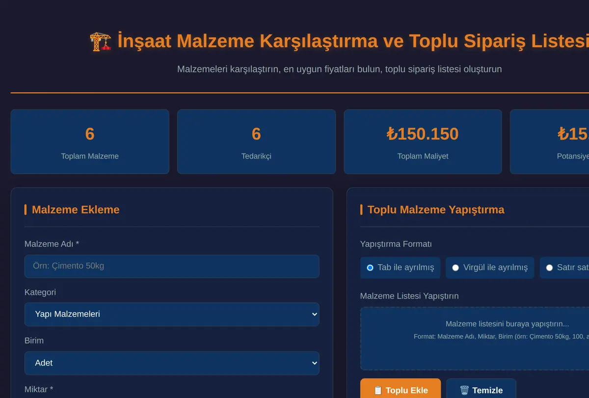 İnşaat Malzeme Karşılaştırma ve Toplu Sipariş Listesi ekran görüntüsü