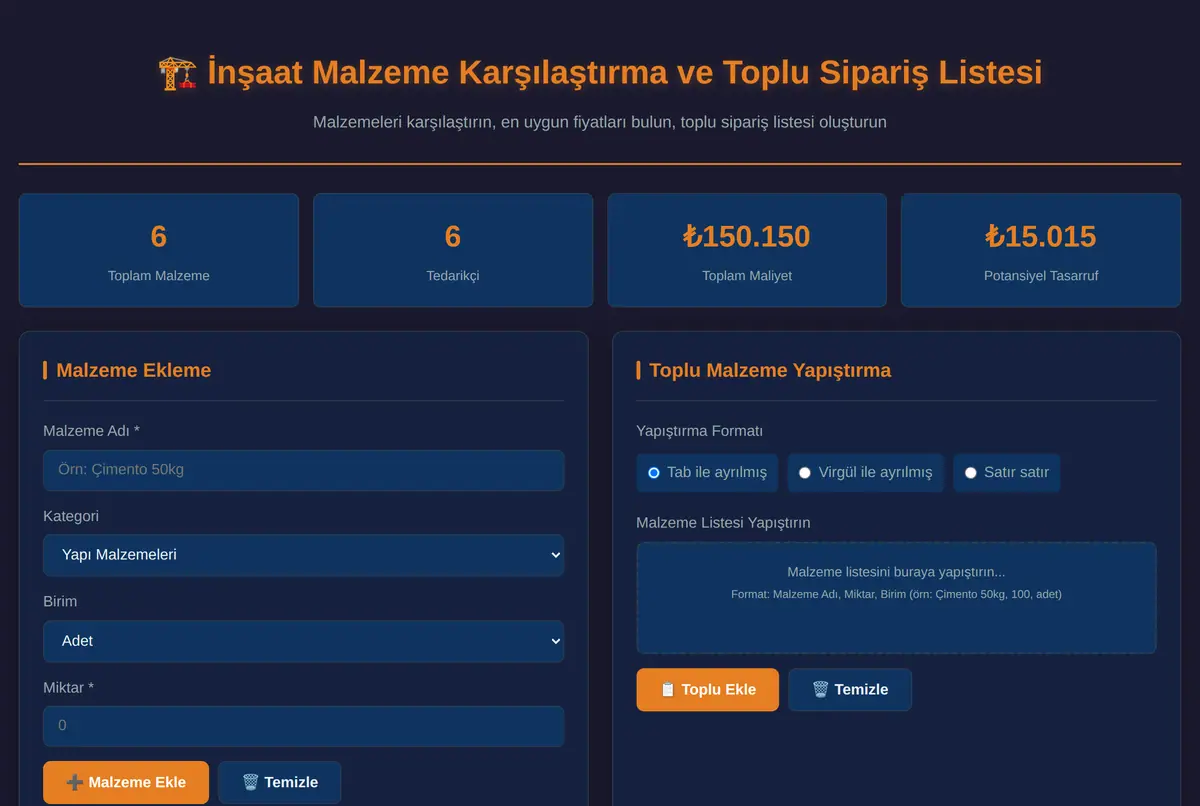 İnşaat Malzeme Karşılaştırma ve Toplu Sipariş Listesi ekran görüntüsü 2