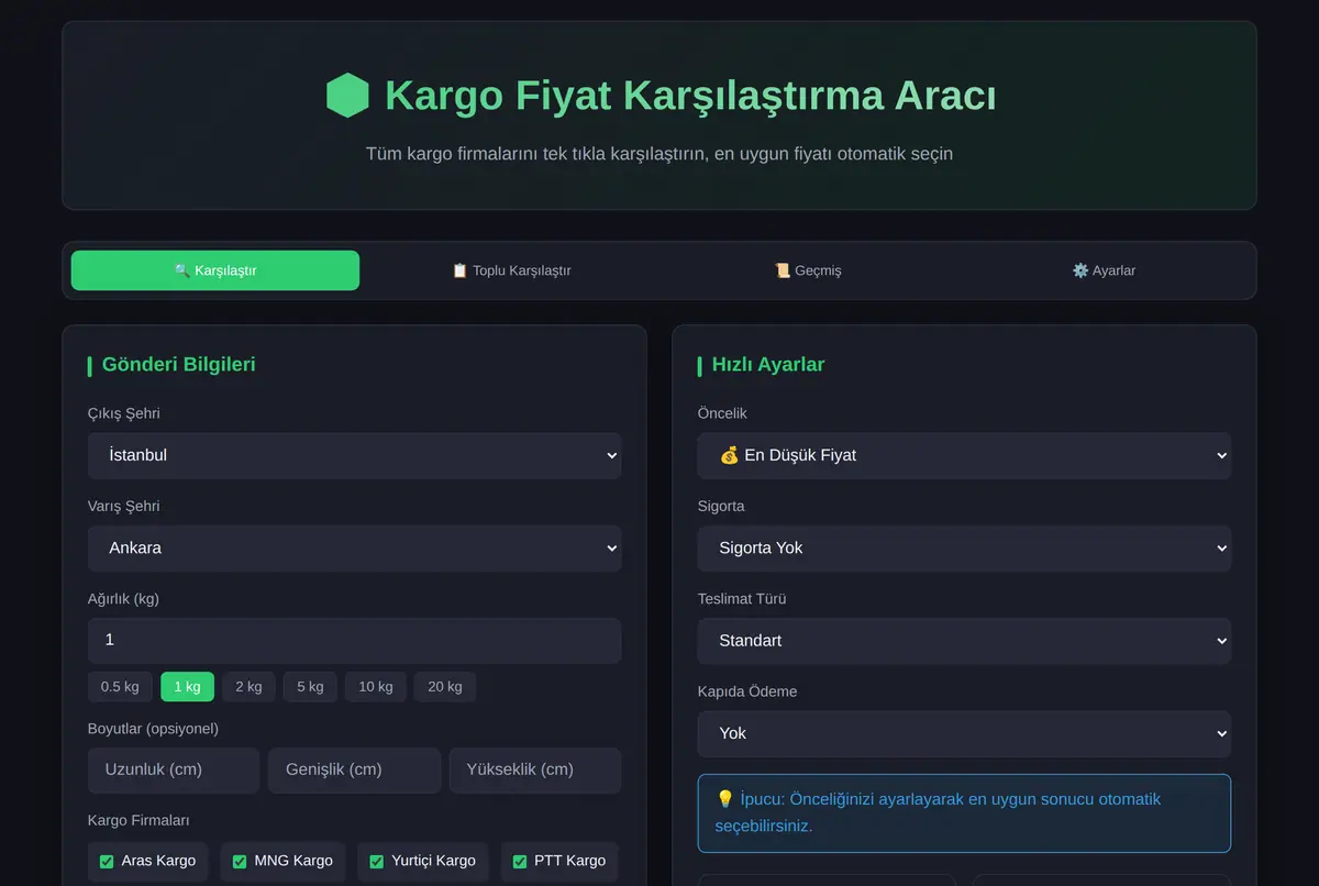 Kargo Fiyat Karşılaştırma Aracı ekran görüntüsü 2