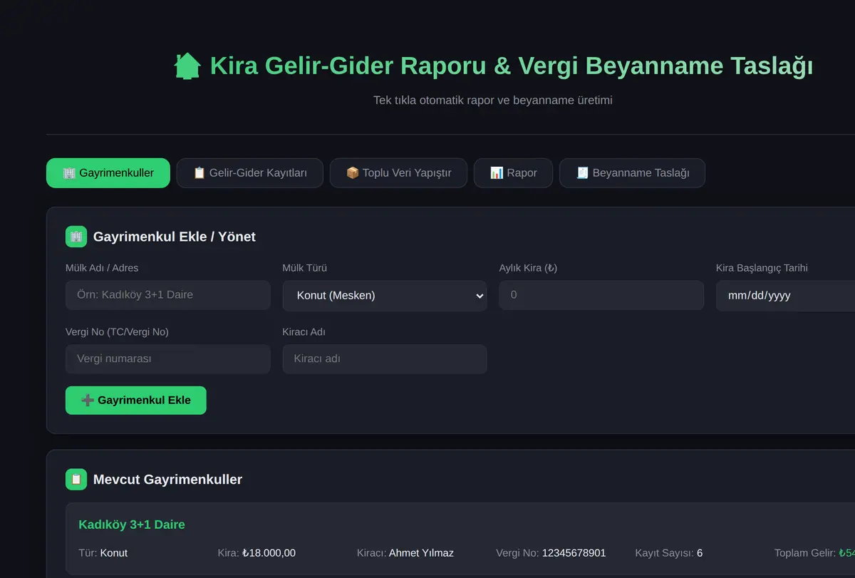 Tek Tıkla Kira Gelir-Gider Raporu ve Vergi Beyanname Taslağı ekran görüntüsü