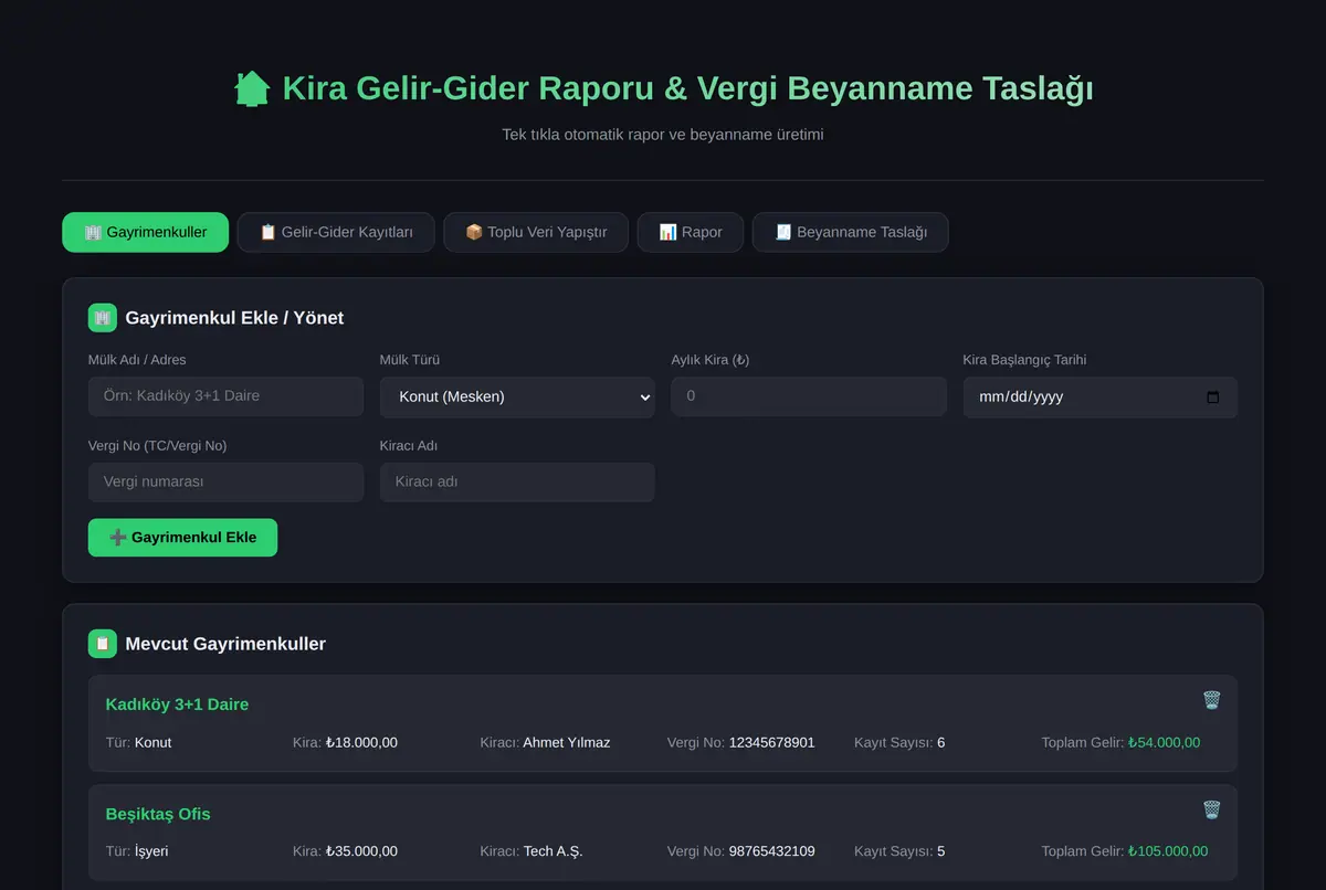 Tek Tıkla Kira Gelir-Gider Raporu ve Vergi Beyanname Taslağı ekran görüntüsü 2