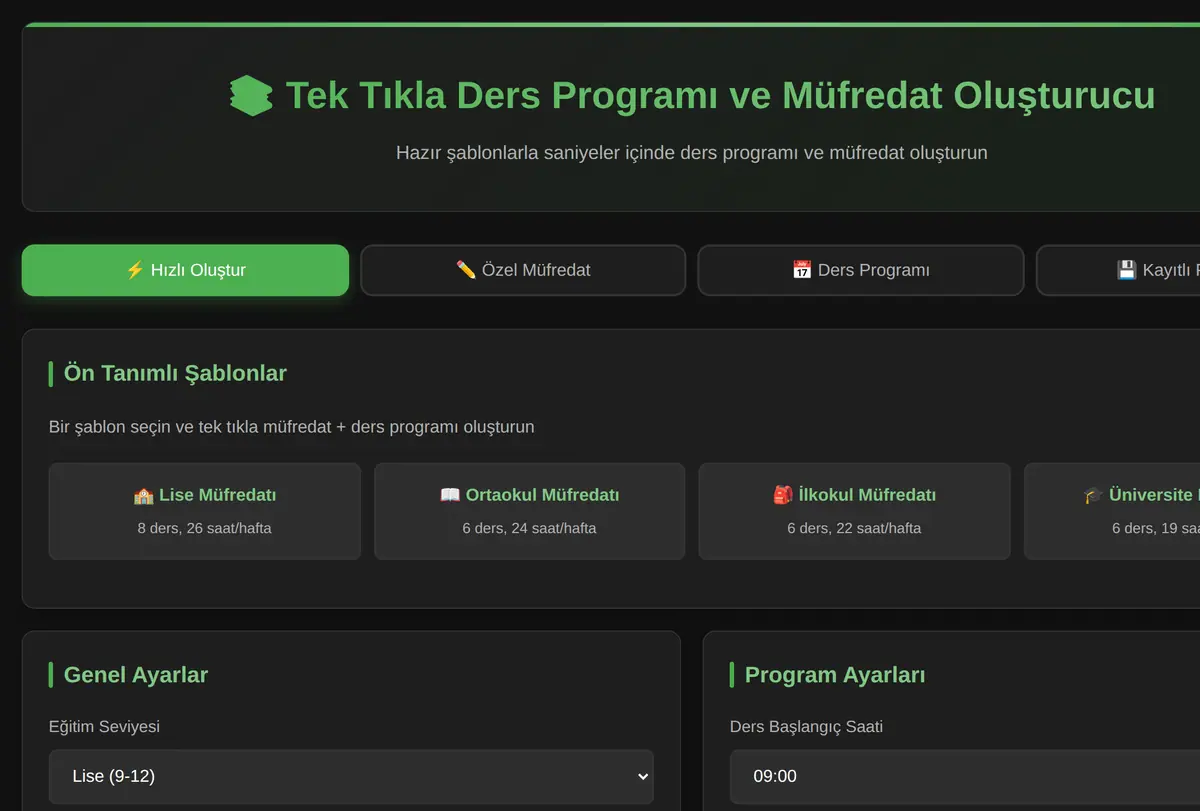 Tek Tıkla Ders Programı ve Müfredat Oluşturucu ekran görüntüsü