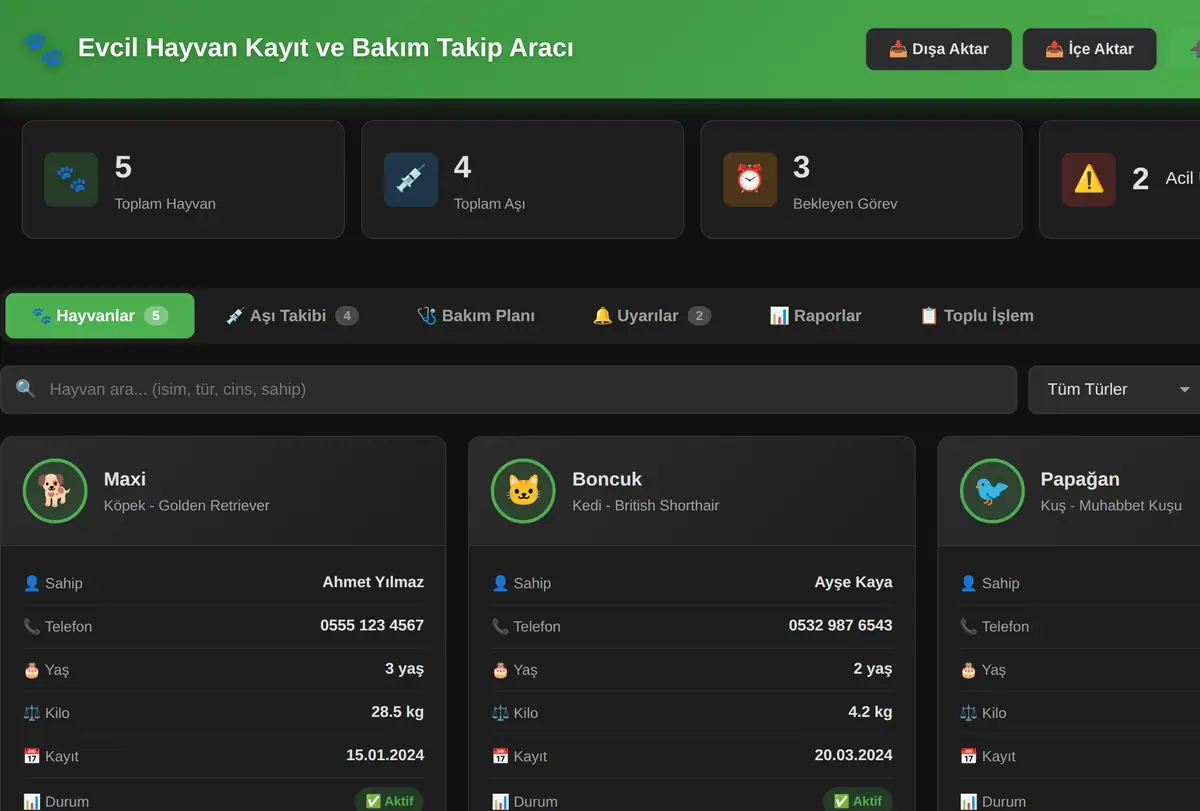 Evcil Hayvan Kayıt ve Bakım Takip Aracı ekran görüntüsü