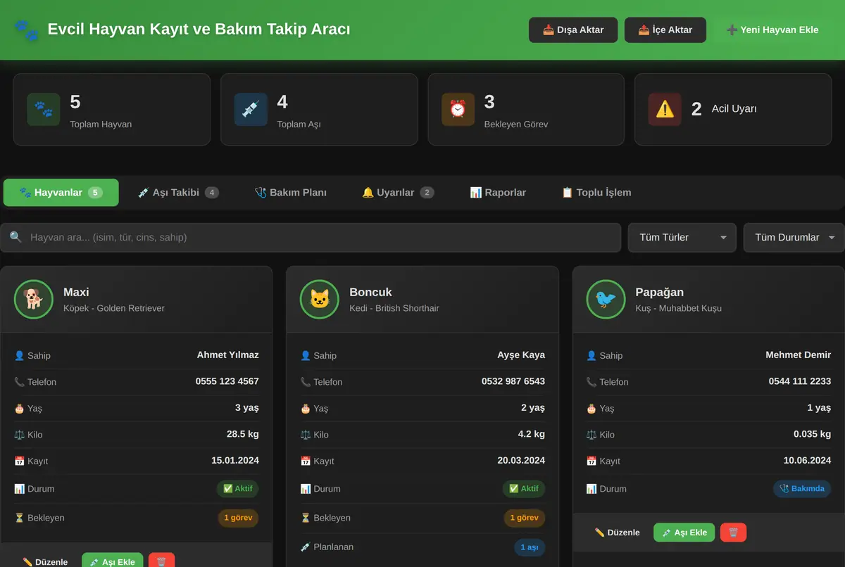 Evcil Hayvan Kayıt ve Bakım Takip Aracı ekran görüntüsü 2