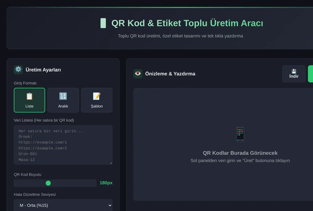 QR Kod & Etiket Toplu Üretim Aracı ekran görüntüsü