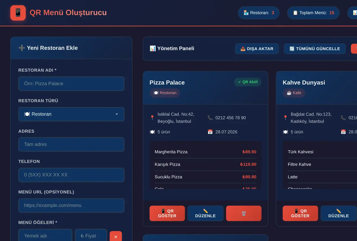 QR Menü Oluşturucu & Yönetim Paneli ekran görüntüsü