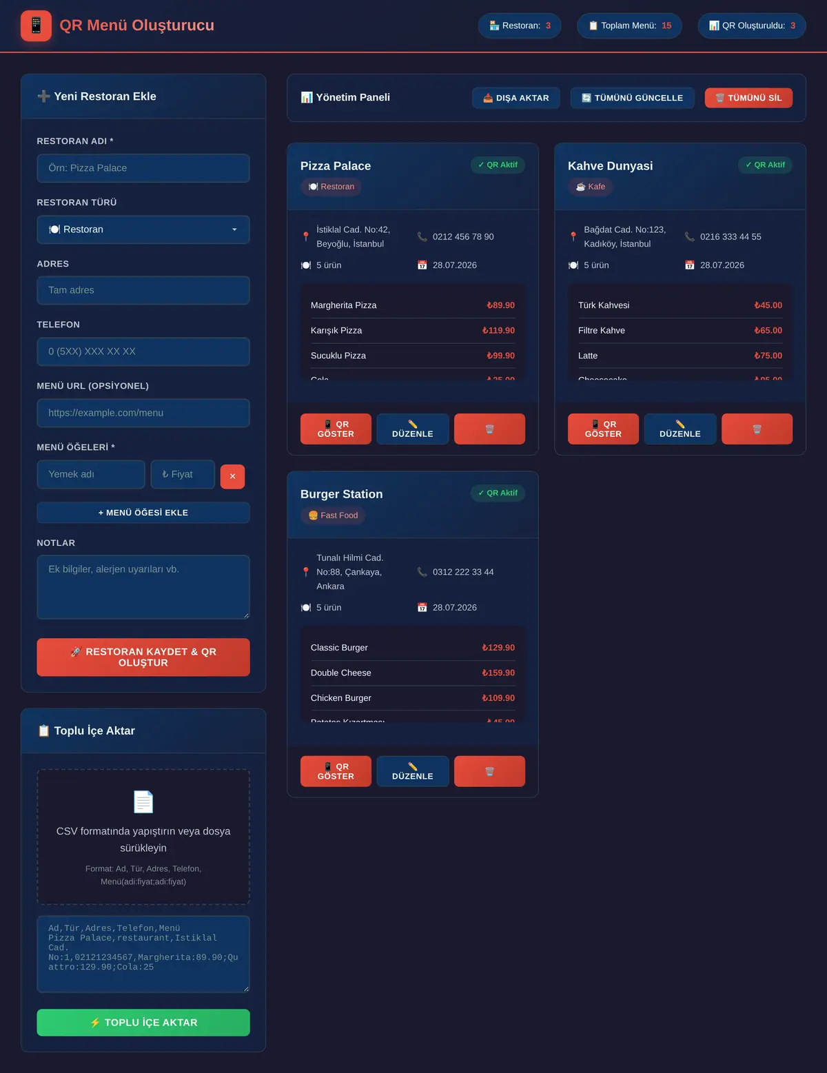 QR Menü Oluşturucu & Yönetim Paneli ekran görüntüsü 3
