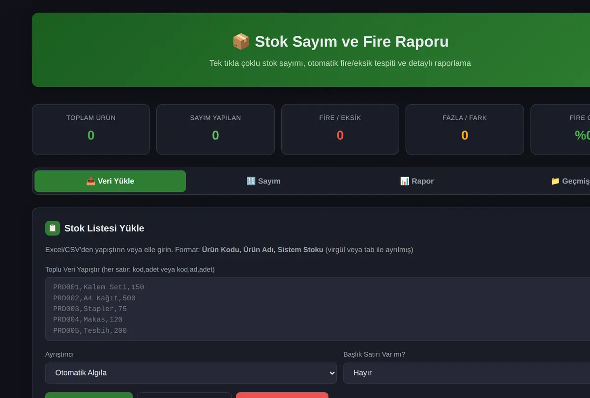 Stok Sayım ve Fire Raporu Aracı ekran görüntüsü