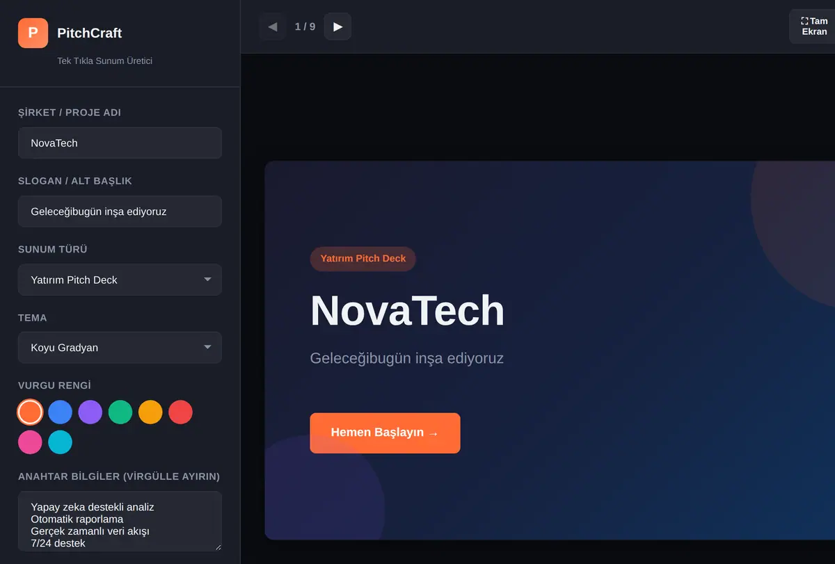 Tek Tıkla Sunum ve Pitch Deck Üretici ekran görüntüsü