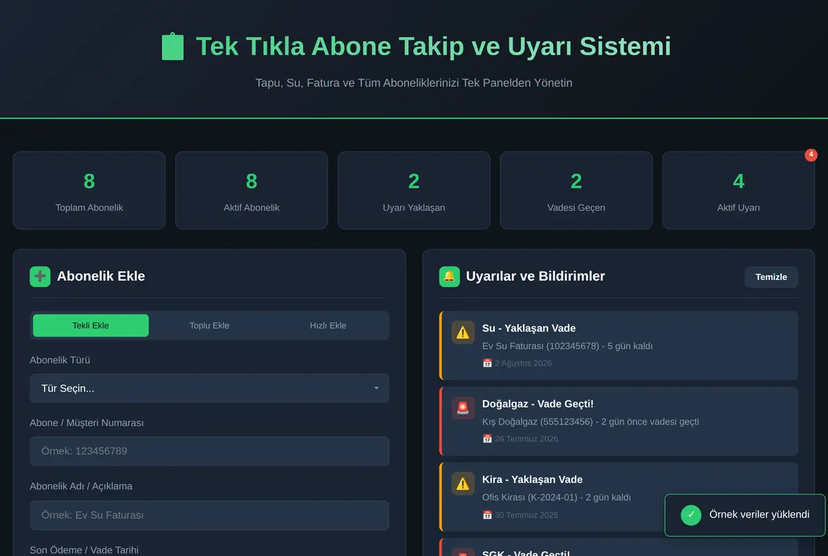 Abone Takip ve Uyarı Sistemi ekran görüntüsü 2