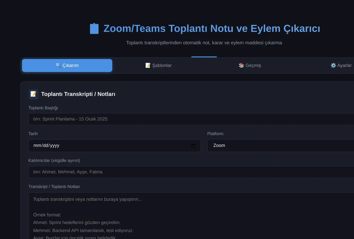 Zoom/Teams Toplantı Notu ve Eylem Çıkarıcı ekran görüntüsü