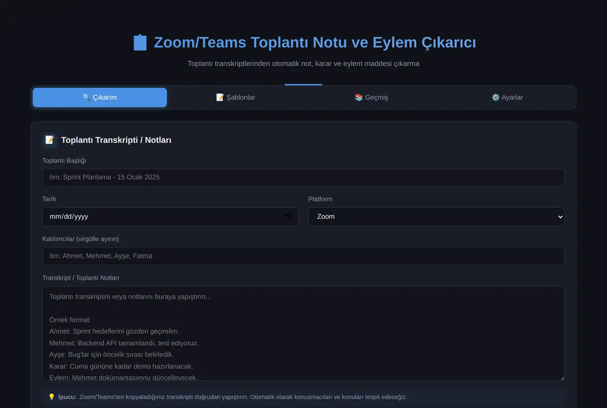 Zoom/Teams Toplantı Notu ve Eylem Çıkarıcı ekran görüntüsü 2