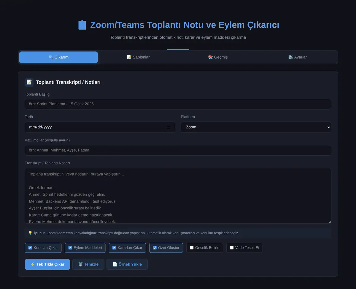 Zoom/Teams Toplantı Notu ve Eylem Çıkarıcı ekran görüntüsü 3