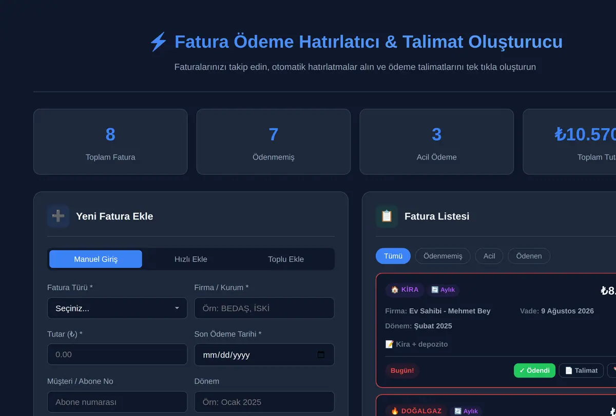 Fatura Ödeme Hatırlatıcı & Talimat Oluşturucu ekran görüntüsü