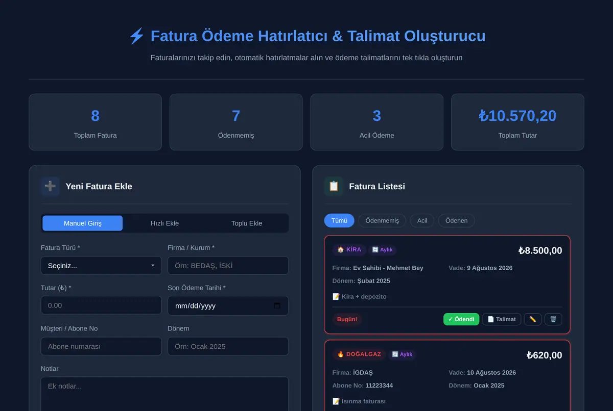 Fatura Ödeme Hatırlatıcı & Talimat Oluşturucu ekran görüntüsü 2