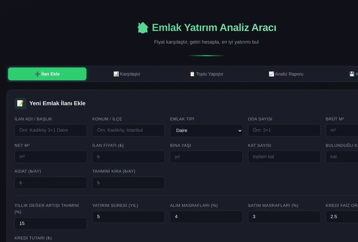 Emlak Yatırım Analiz Aracı - Fiyat Karşılaştırma ekran görüntüsü