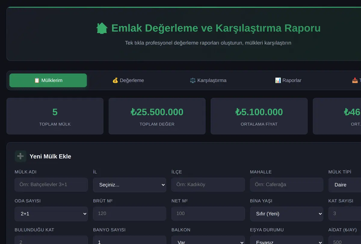 Emlak Değerleme ve Karşılaştırma Raporu ekran görüntüsü