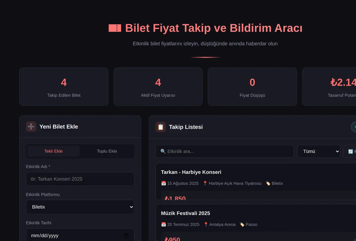 Bilet Fiyat Takip ve Bildirim Aracı ekran görüntüsü