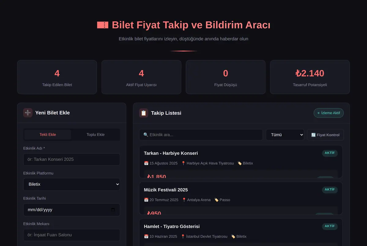 Bilet Fiyat Takip ve Bildirim Aracı ekran görüntüsü 2