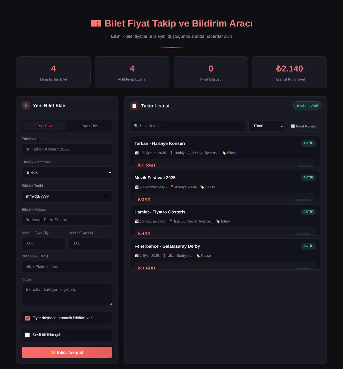 Bilet Fiyat Takip ve Bildirim Aracı ekran görüntüsü 3
