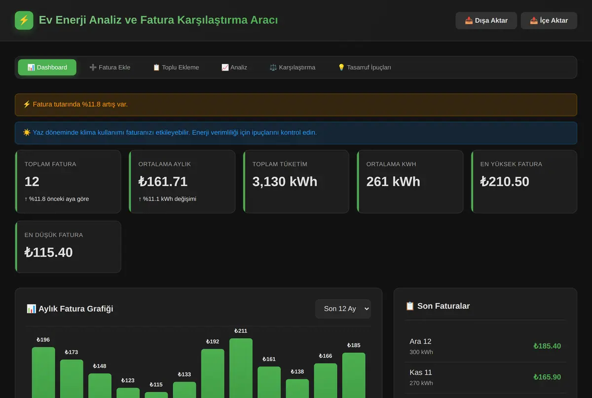Ev Enerji Analiz ve Fatura Karşılaştırma Aracı ekran görüntüsü 2