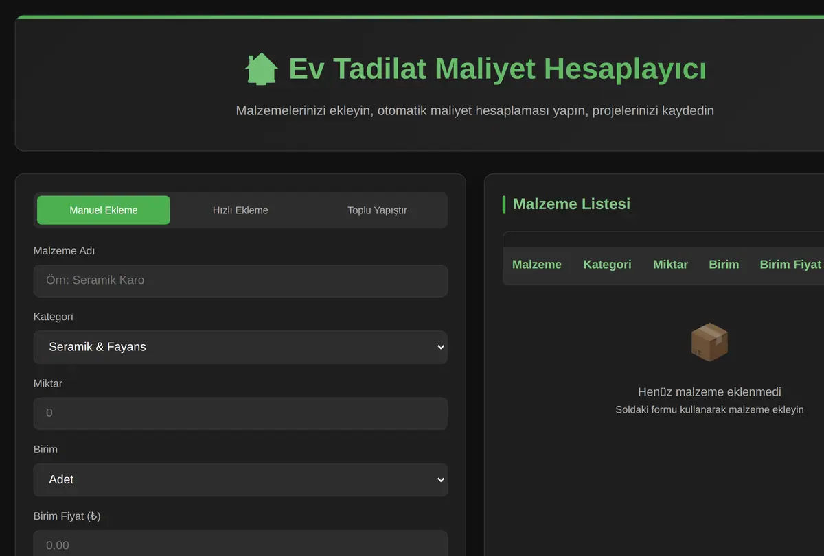Ev Tadilat Maliyet Hesaplayıcı ekran görüntüsü