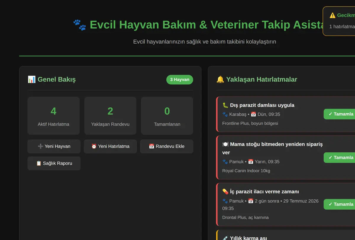 Evcil Hayvan Bakım & Veteriner Takip Asistanı ekran görüntüsü