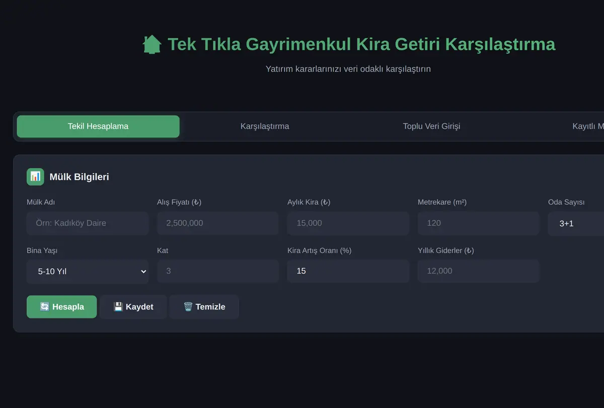 Tek Tıkla Gayrimenkul Kira Getiri Karşılaştırma ekran görüntüsü