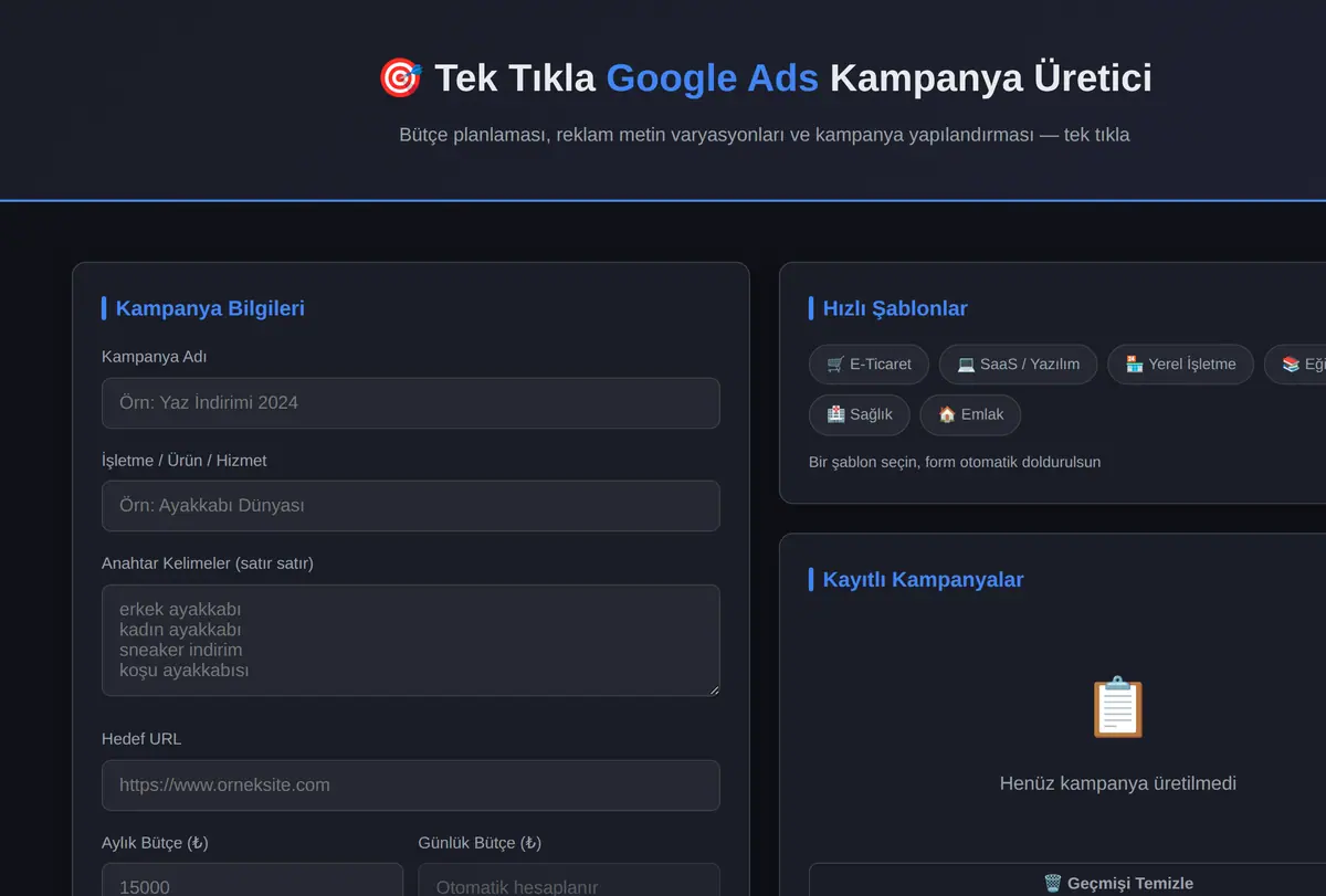 Tek Tıkla Google Ads Kampanya Varyasyon Üretici ekran görüntüsü