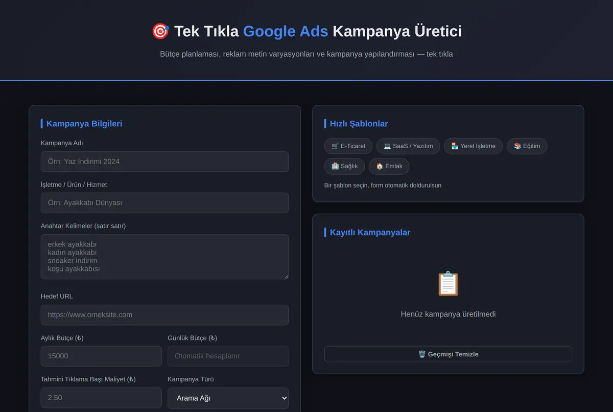 Tek Tıkla Google Ads Kampanya Varyasyon Üretici ekran görüntüsü 2