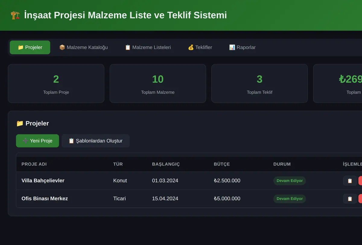 İnşaat Projesi Malzeme Liste ve Teklif Sistemi ekran görüntüsü