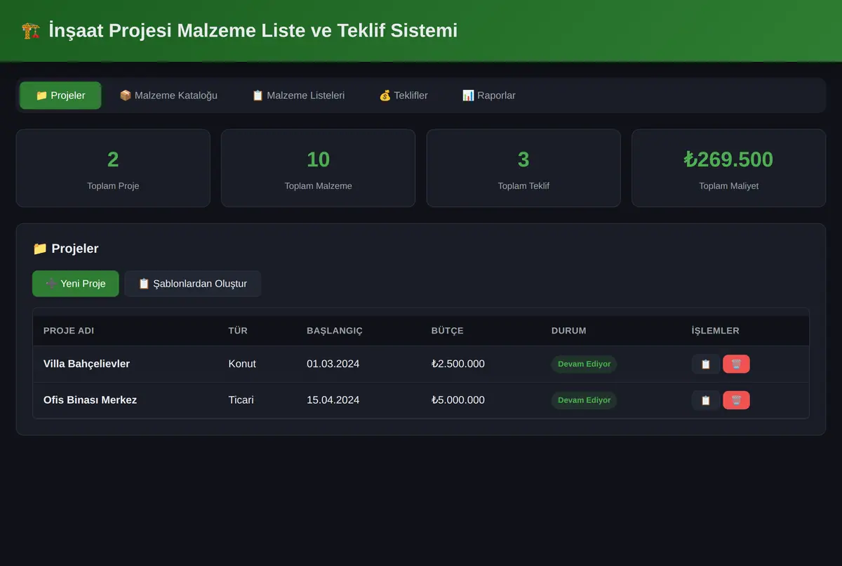 İnşaat Projesi Malzeme Liste ve Teklif Sistemi ekran görüntüsü 3