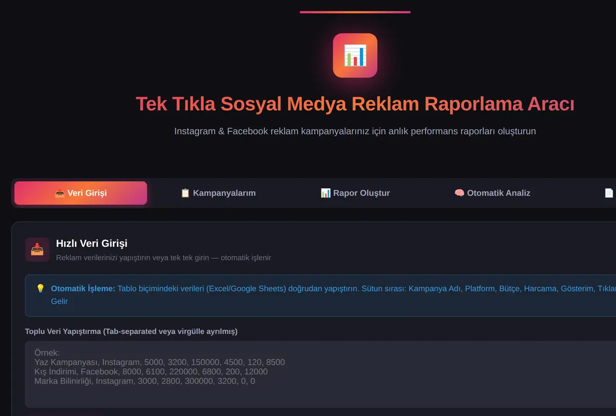 Tek Tıkla Sosyal Medya Reklam Raporlama Aracı ekran görüntüsü