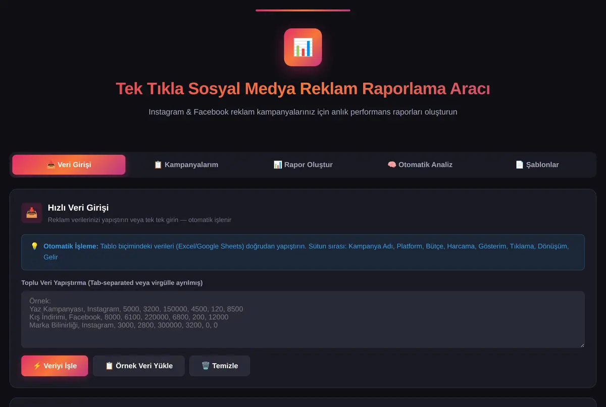 Tek Tıkla Sosyal Medya Reklam Raporlama Aracı ekran görüntüsü 2