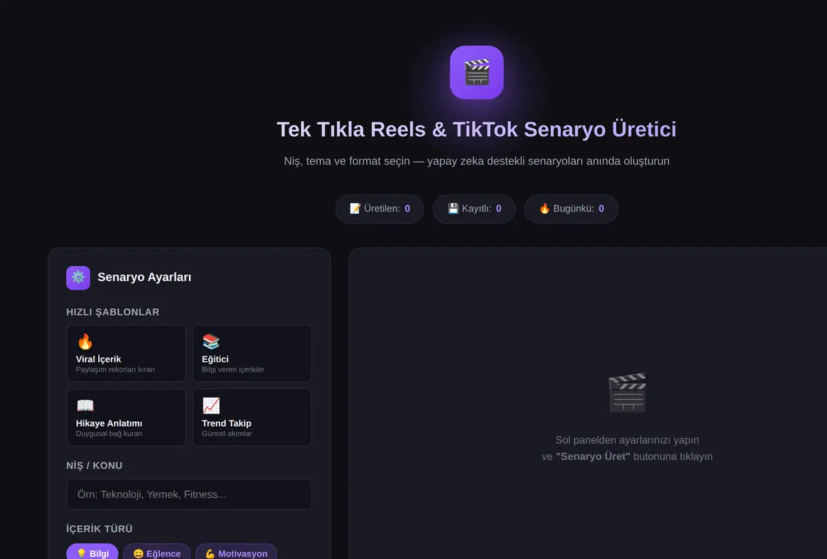Tek Tıkla Reels & TikTok Senaryo Üretici ekran görüntüsü