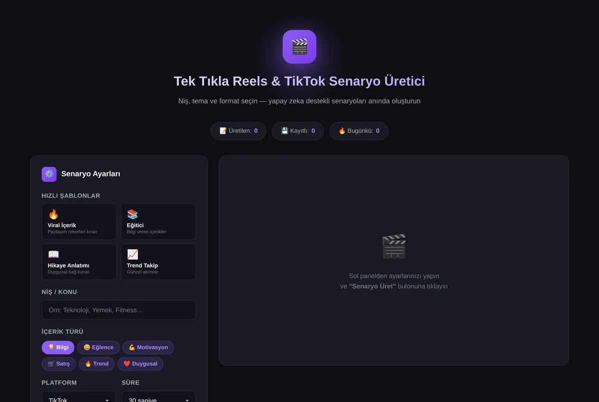 Tek Tıkla Reels & TikTok Senaryo Üretici ekran görüntüsü 2