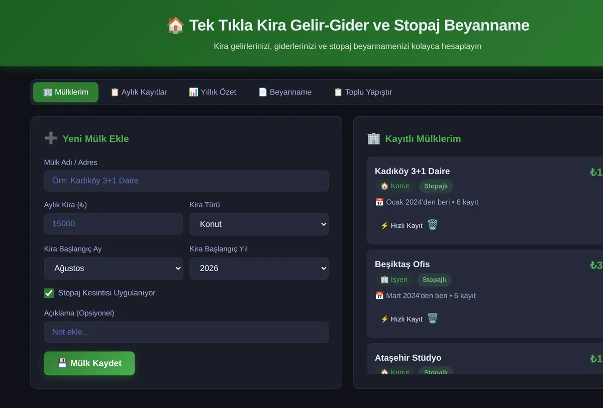 Tek Tıkla Kira Gelir-Gider ve Stopaj Beyanname Hesaplayıcı ekran görüntüsü
