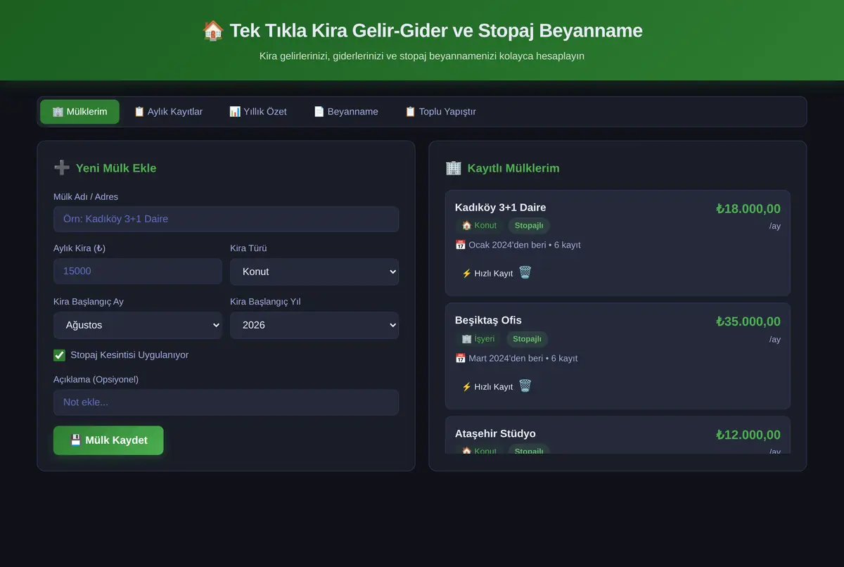 Tek Tıkla Kira Gelir-Gider ve Stopaj Beyanname Hesaplayıcı ekran görüntüsü 3