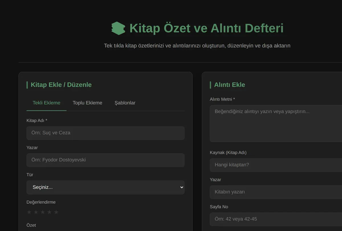 Tek Tıkla Kitap Özet ve Alıntı Defteri Oluşturucu ekran görüntüsü