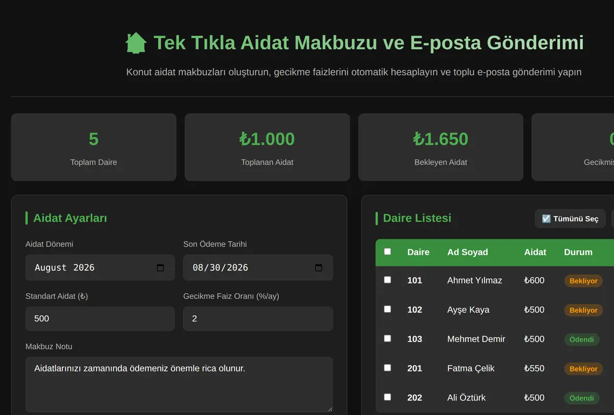 Tek Tıkla Aidat Makbuzu ve E-posta Gönderimi ekran görüntüsü