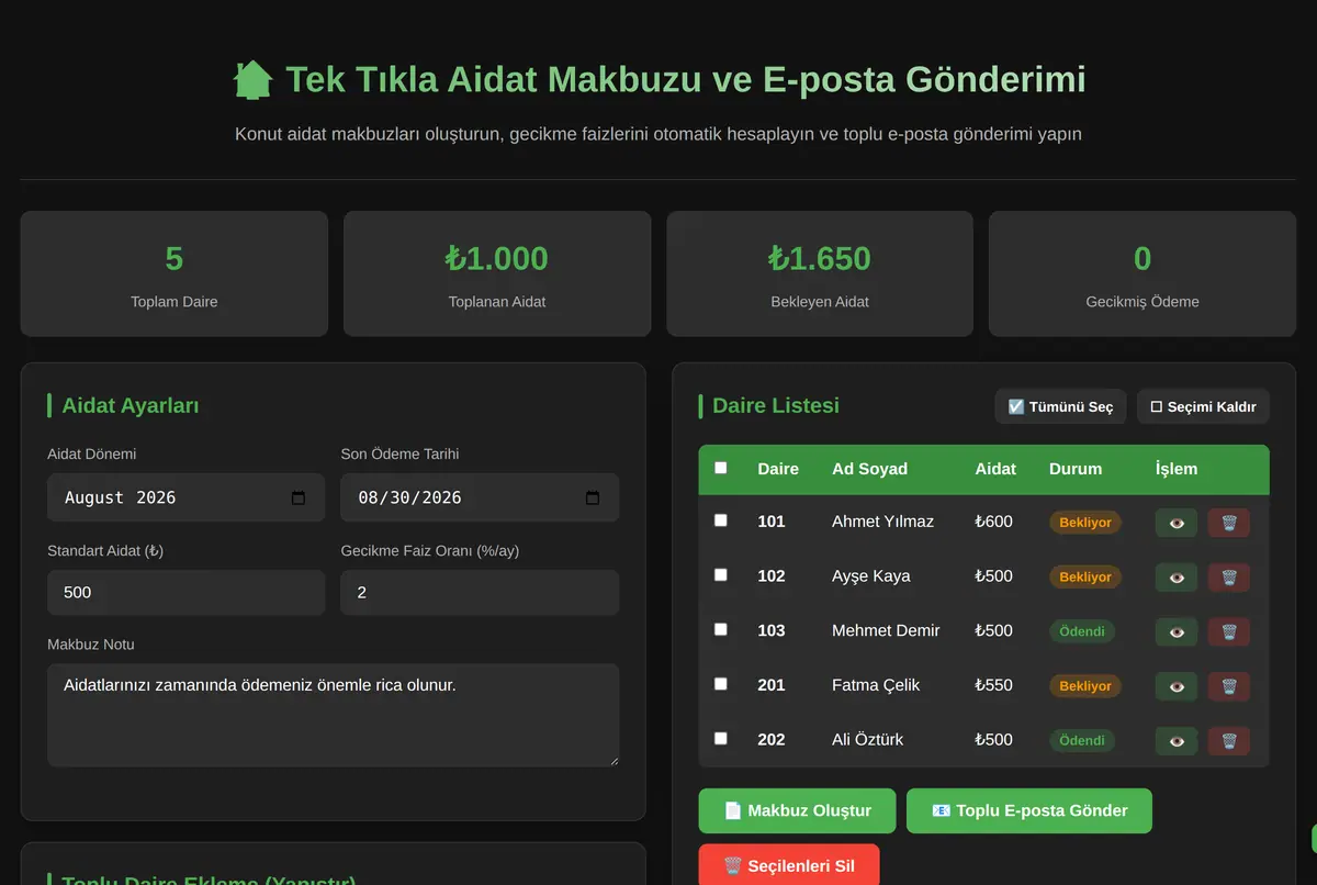 Tek Tıkla Aidat Makbuzu ve E-posta Gönderimi ekran görüntüsü 2