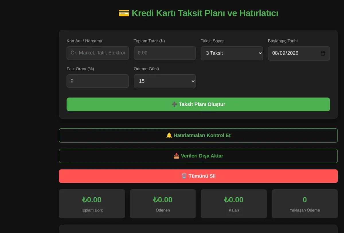 Kredi Kartı Taksit Planı ve Hatırlatıcı ekran görüntüsü