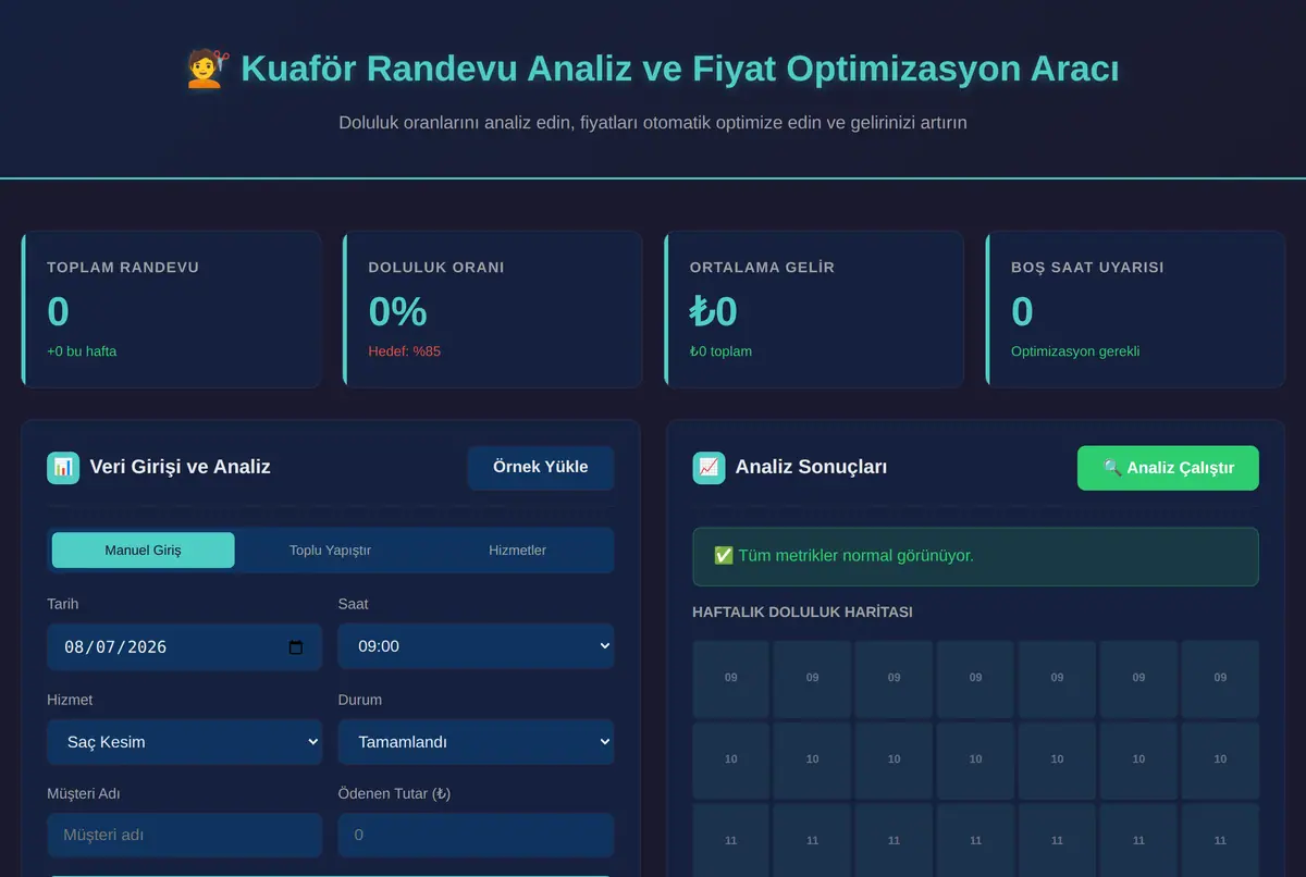 Kuaför Randevu Analiz ve Fiyat Optimizasyon Aracı ekran görüntüsü 2