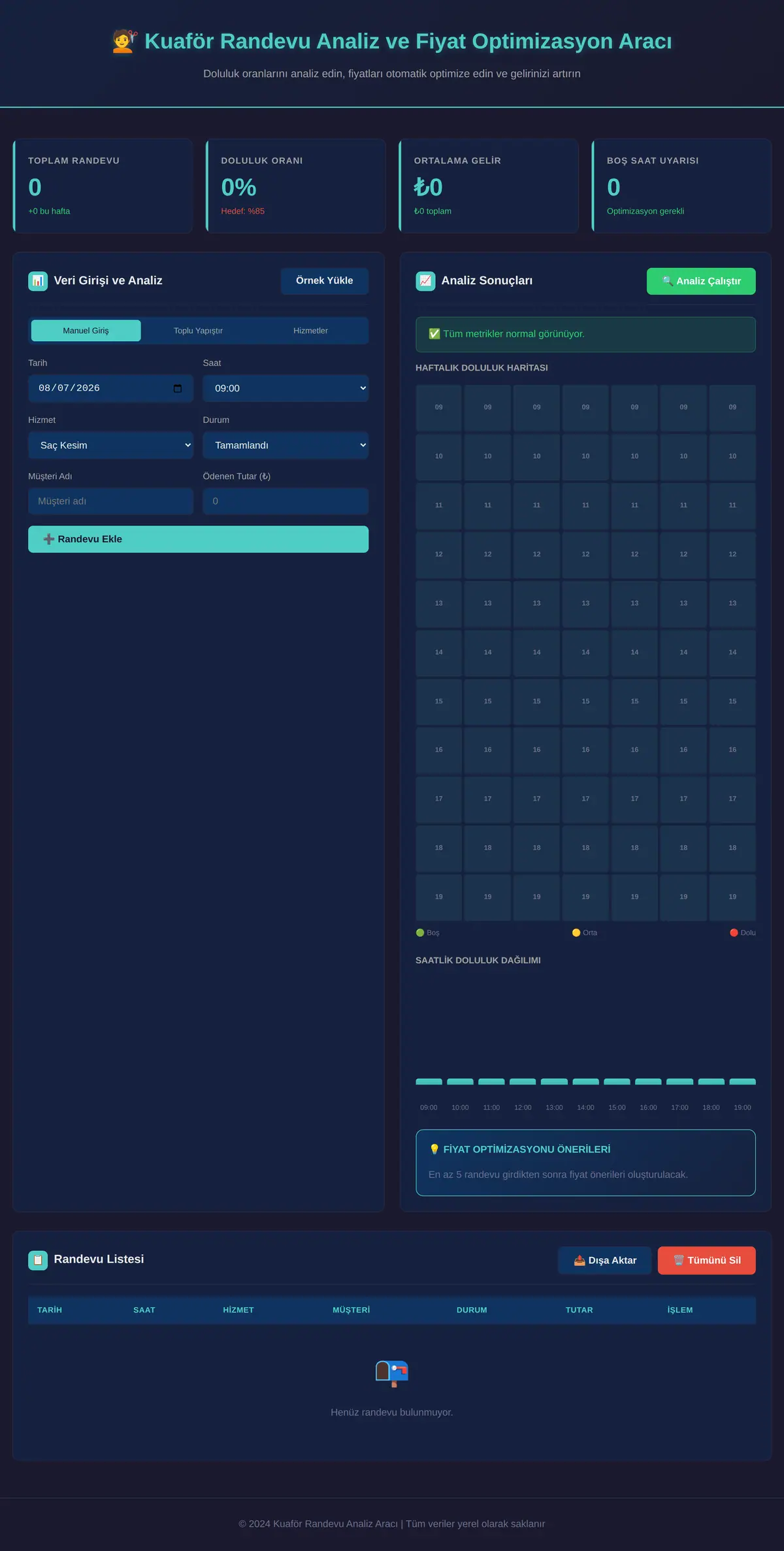 Kuaför Randevu Analiz ve Fiyat Optimizasyon Aracı ekran görüntüsü 3