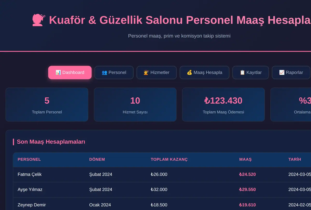 Kuaför & Güzellik Salonu Personel Maaş Hesaplama ekran görüntüsü