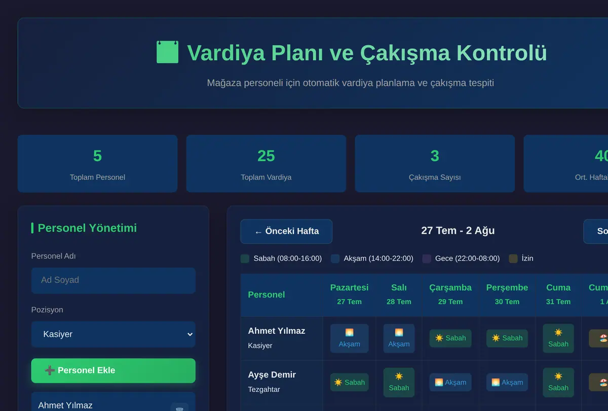 Vardiya Planı ve Çakışma Kontrolü ekran görüntüsü
