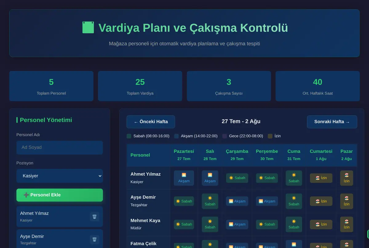 Vardiya Planı ve Çakışma Kontrolü ekran görüntüsü 2