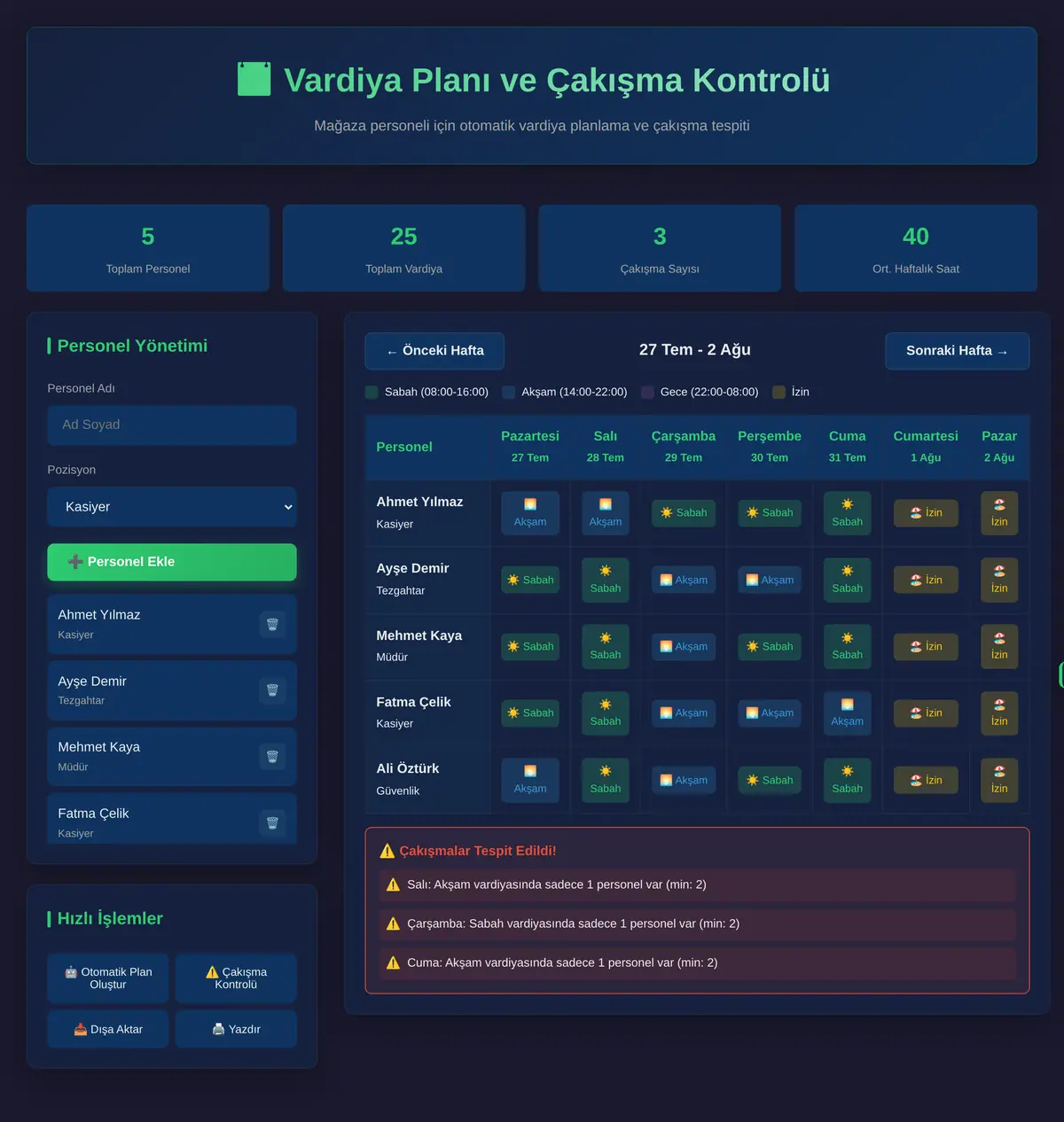 Vardiya Planı ve Çakışma Kontrolü ekran görüntüsü 3