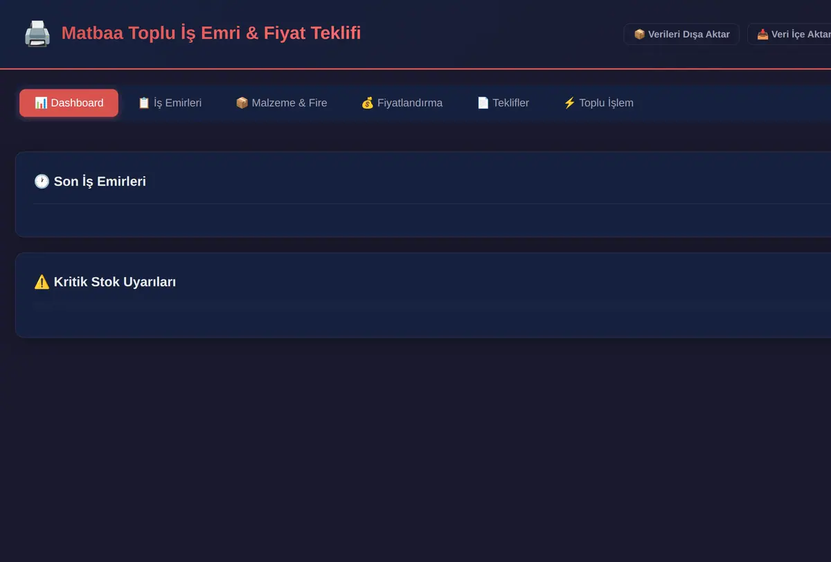Matbaa Toplu İş Emri & Fiyat Teklifi Aracı ekran görüntüsü