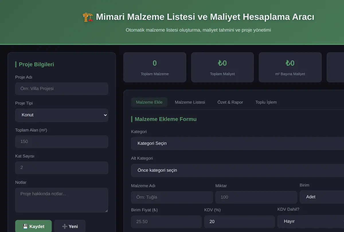 Mimari Malzeme Listesi ve Maliyet Hesaplama Aracı ekran görüntüsü